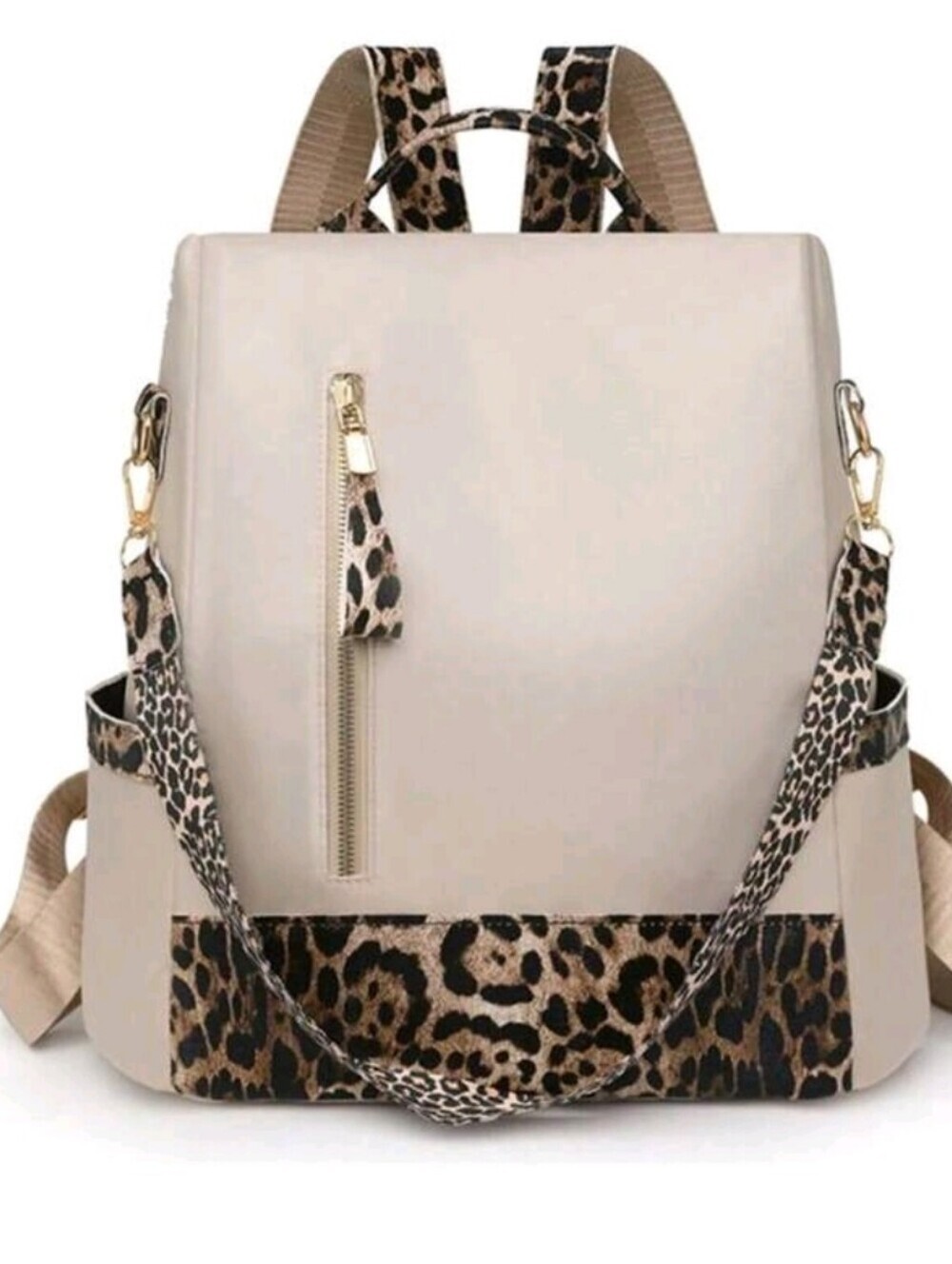 Beige Leopard Accent Convertible Backpack Tote